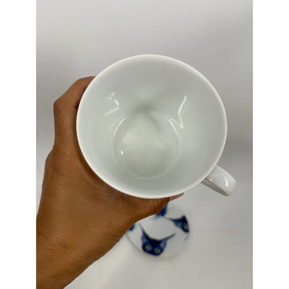 IKEA Katie Eary Designer Blue Cat Faces Breakfast Tea Cup & Saucer Mug 2016